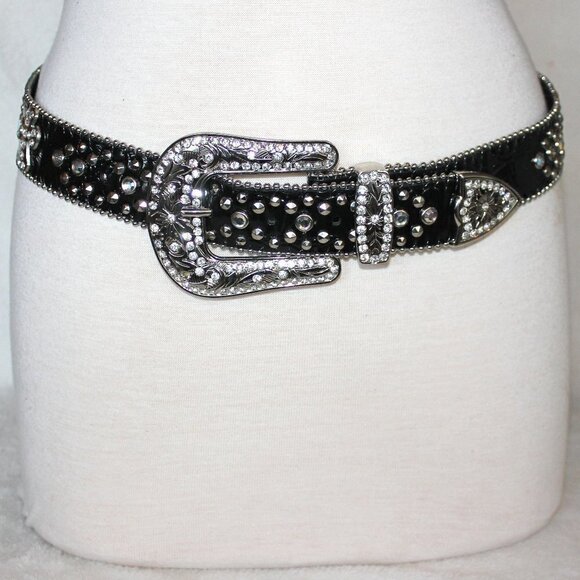Western Black Bling Cross Belt & Buckle Clear Crystal Accent Genuine Leather SM main image 12